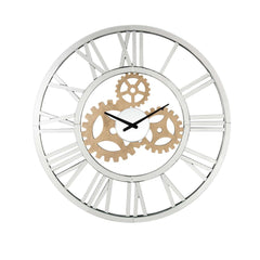 Round Mirror Panel Open Frame Wall Clock With Gear Design, Silver By Benzara