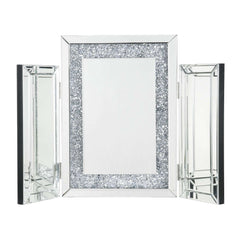 Tri Fold Mirror Panel Frame Accent Decor With Faux Diamond, Silver By Benzara
