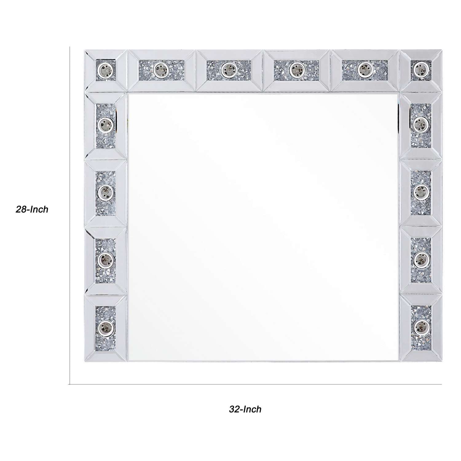 Mirror Panel Frame Wall Decor With Light Function And Faux Diamond, Silver By Benzara | Wall Decor |  Modishstore  - 2