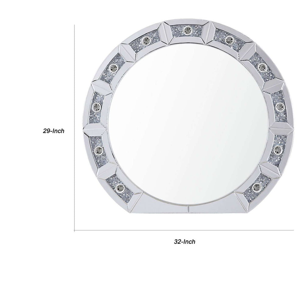 Round Mirror Panel Wall Decor With Light Function And Faux Diamond, Silver By Benzara | Wall Decor |  Modishstore  - 2
