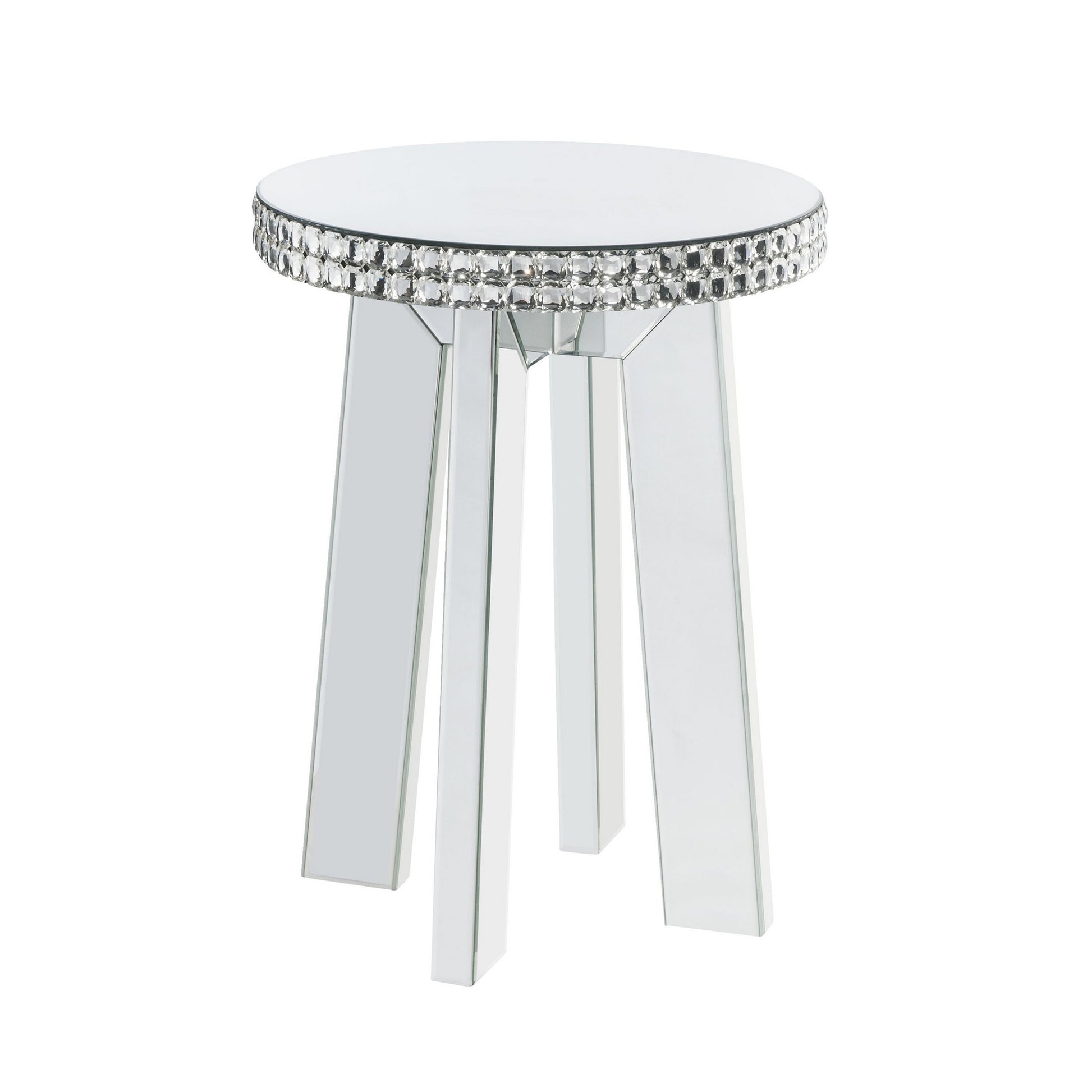 Round Mirror Panel Inlay End Table With Faux Crystals Accents, Silver By Benzara | End Tables | Modishstore - 2