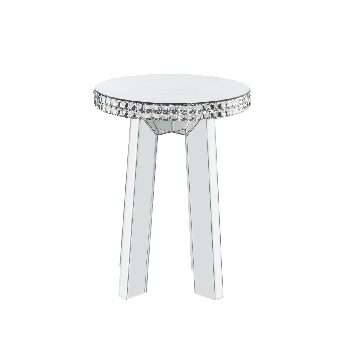 Round Mirror Panel Inlay End Table With Faux Crystals Accents, Silver By Benzara | End Tables | Modishstore