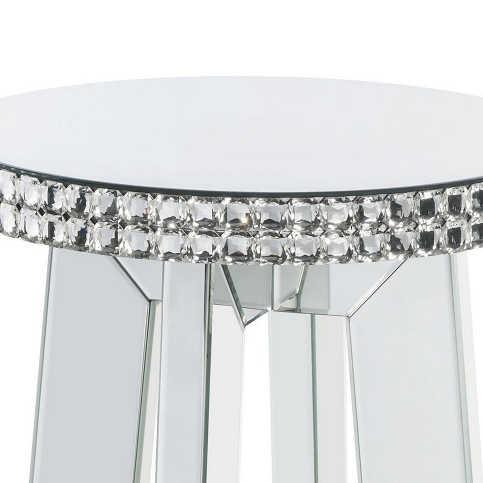 Round Mirror Panel Inlay End Table With Faux Crystals Accents, Silver By Benzara | End Tables | Modishstore - 3