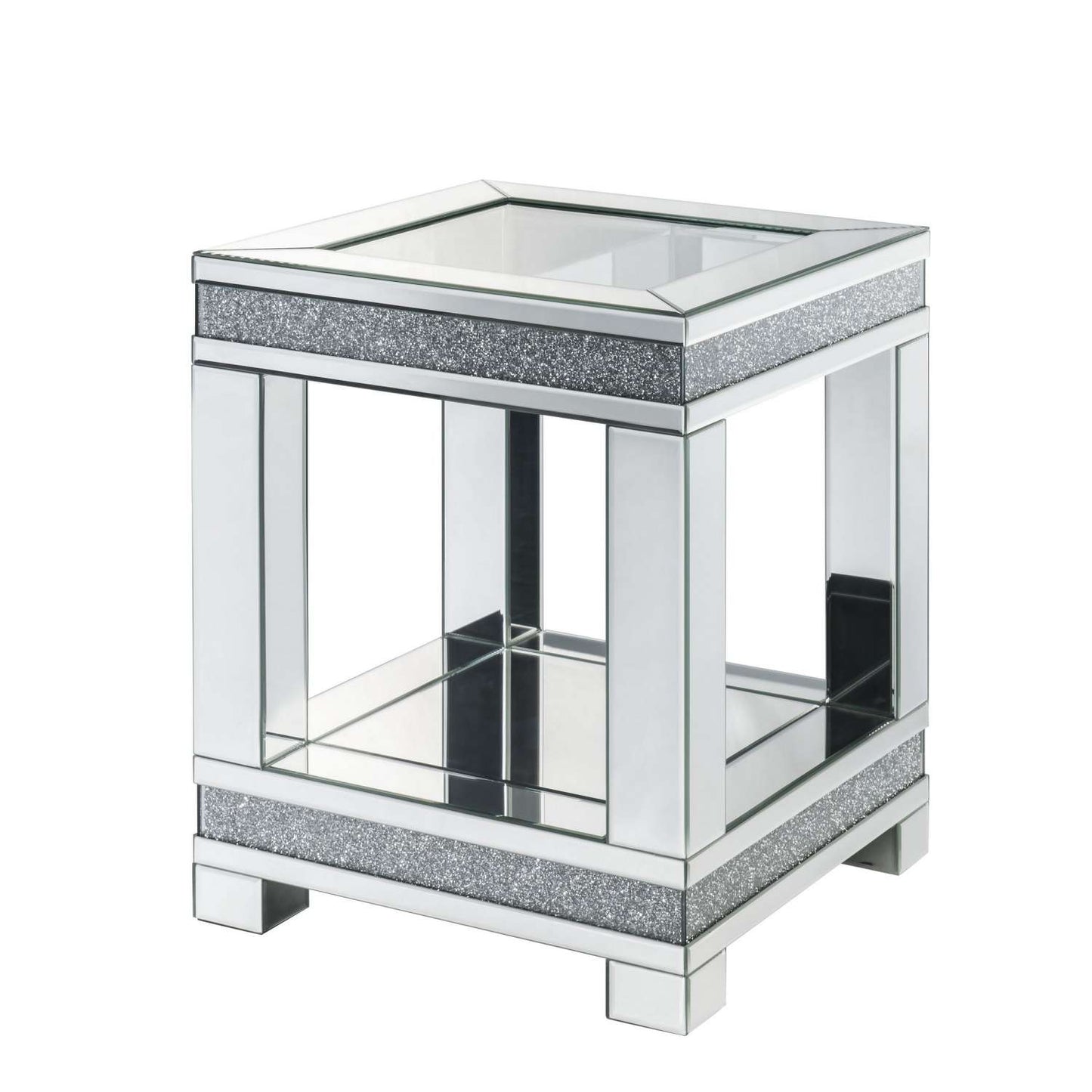 End Table With Faux Gemstone Accents And Open Bottom Mirrored Shelf, Silver By Benzara | End Tables |  Modishstore  - 2