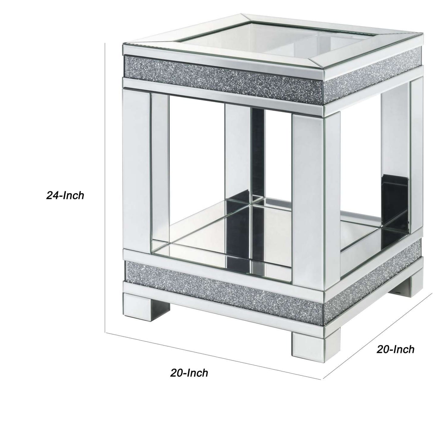 End Table With Faux Gemstone Accents And Open Bottom Mirrored Shelf, Silver By Benzara | End Tables |  Modishstore  - 3