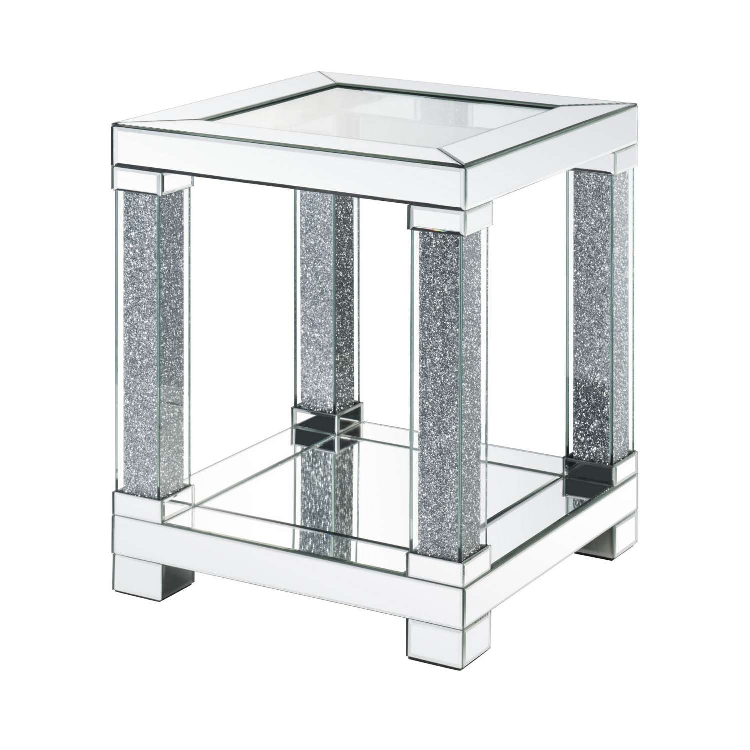 End Table With Faux Gemstone Accents And Mirrored Open Bottom Shelf, Silver By Benzara | End Tables |  Modishstore  - 2