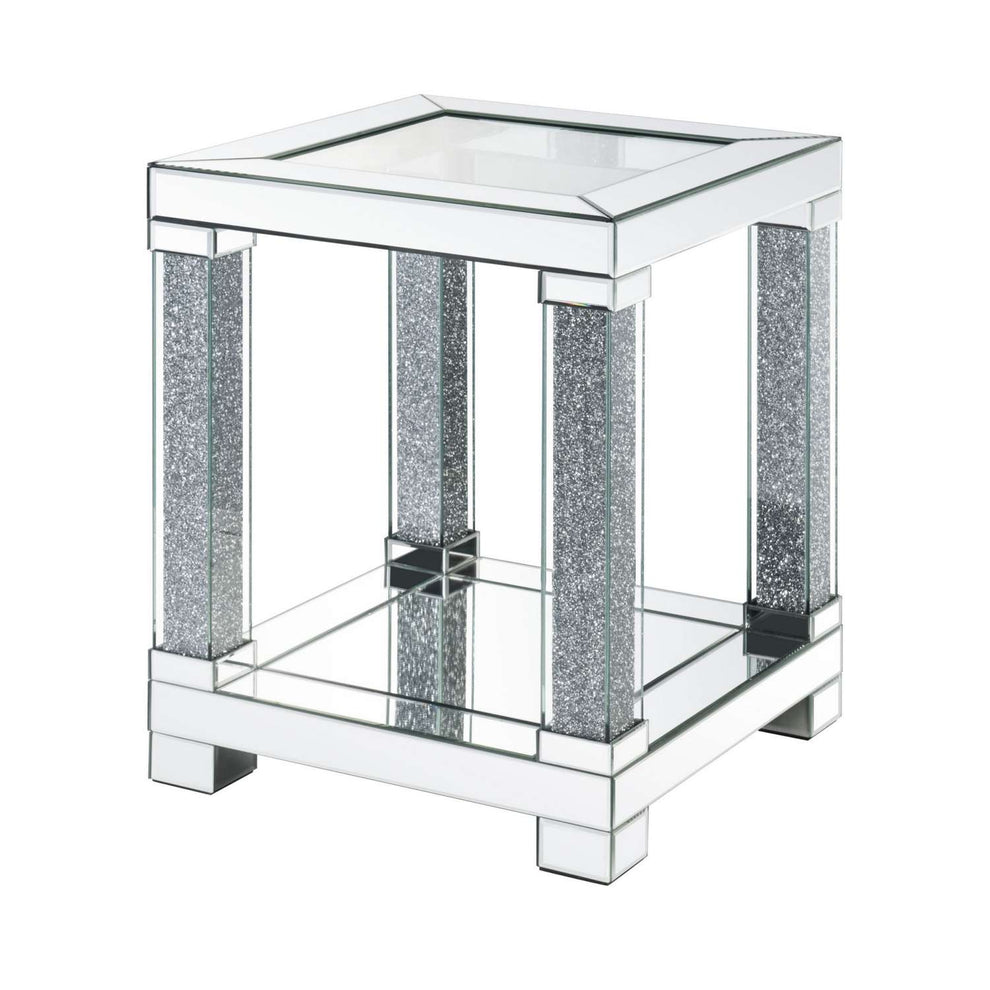 End Table With Faux Gemstone Accents And Mirrored Open Bottom Shelf, Silver By Benzara | End Tables |  Modishstore  - 2