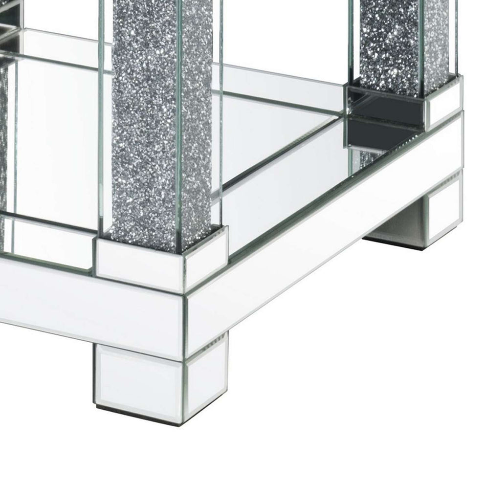 End Table With Faux Gemstone Accents And Mirrored Open Bottom Shelf, Silver By Benzara | End Tables |  Modishstore  - 4