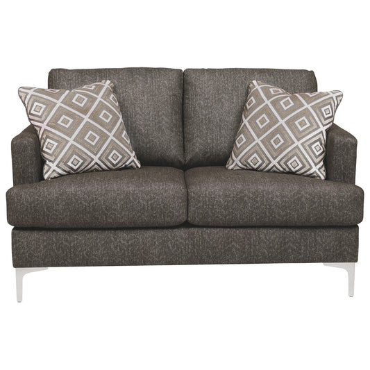 Fabric Upholstered Loveseat With Metal Bracket Legs And Track ArmrestsGray By Benzara | Loveseats | Modishstore
