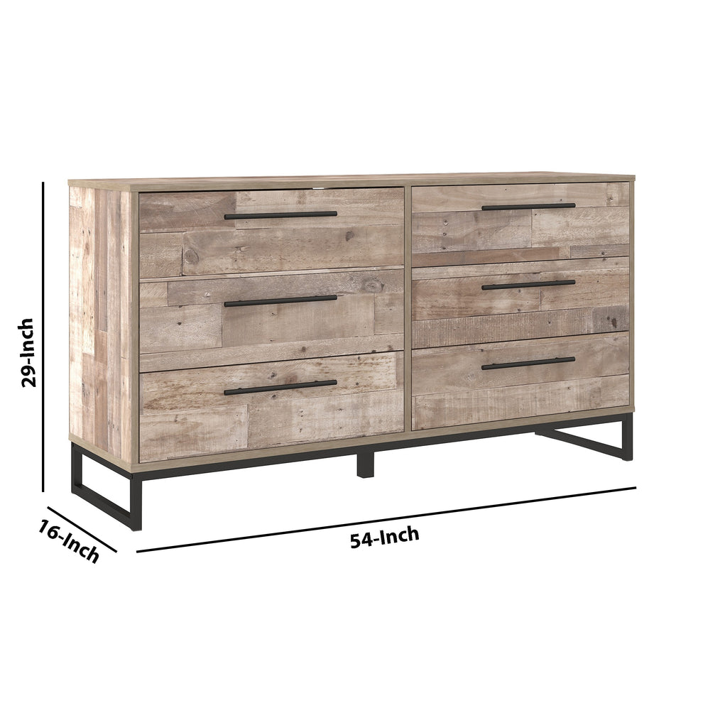 6 Drawer Wooden Dresser With Metal Legs Washed Brown And Black By Benzara | Dressers | Modishstore - 5