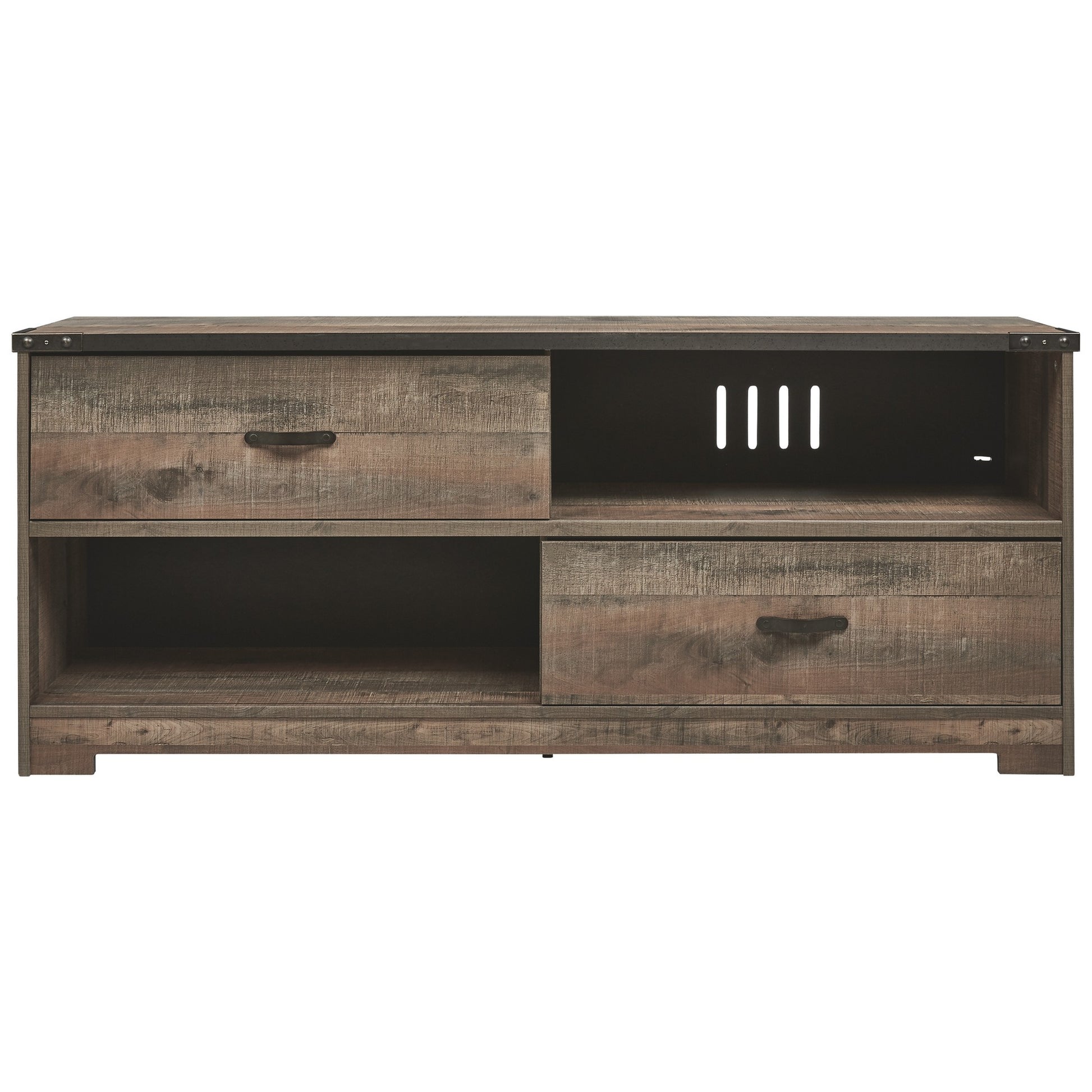 2 Drawer Wooden Tv Stand With Open Shelves Rustic Brown By Benzara | Cabinets | Modishstore - 4