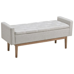 Tufted Fabric Storage Bench With Low Profile Elevated Arms Light Gray By Benzara