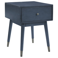 1 Drawer Wooden Accent Table With Usb Ports And Splayed Legs Blue By Benzara