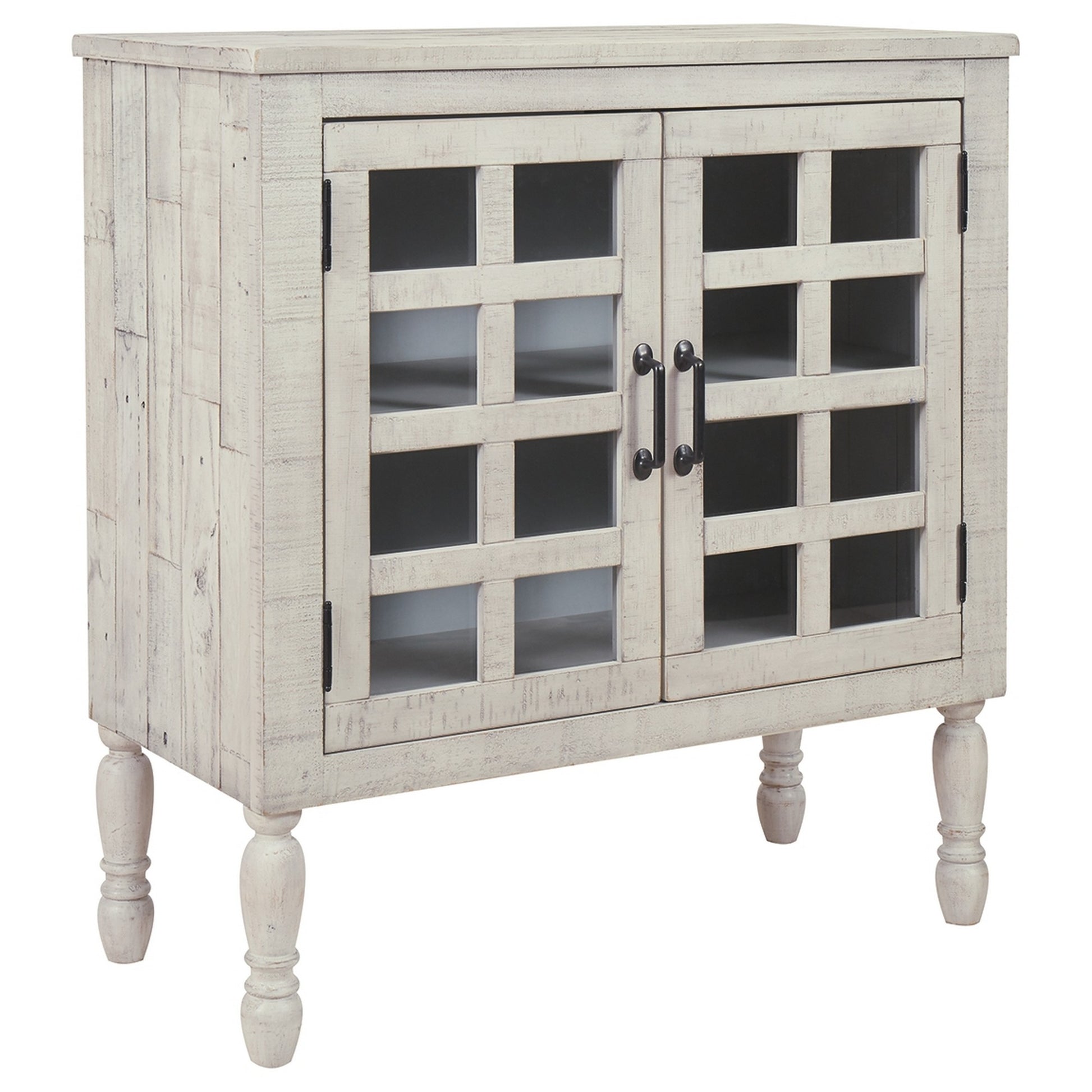 2 Glass Inlay Door Wooden Accent Cabinet With Turned Legs Antique White By Benzara | Cabinets | Modishstore