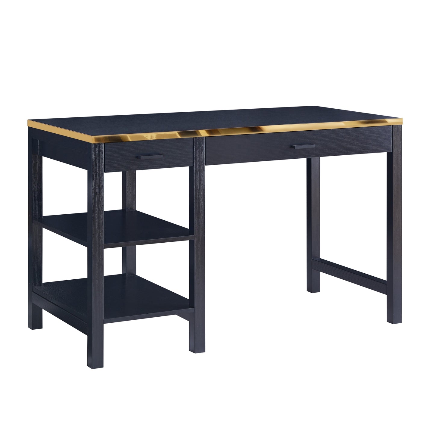 2 Drawer Rectangular Desk With 2 Open Shelves Black And Gold By Benzara | Desks | Modishstore