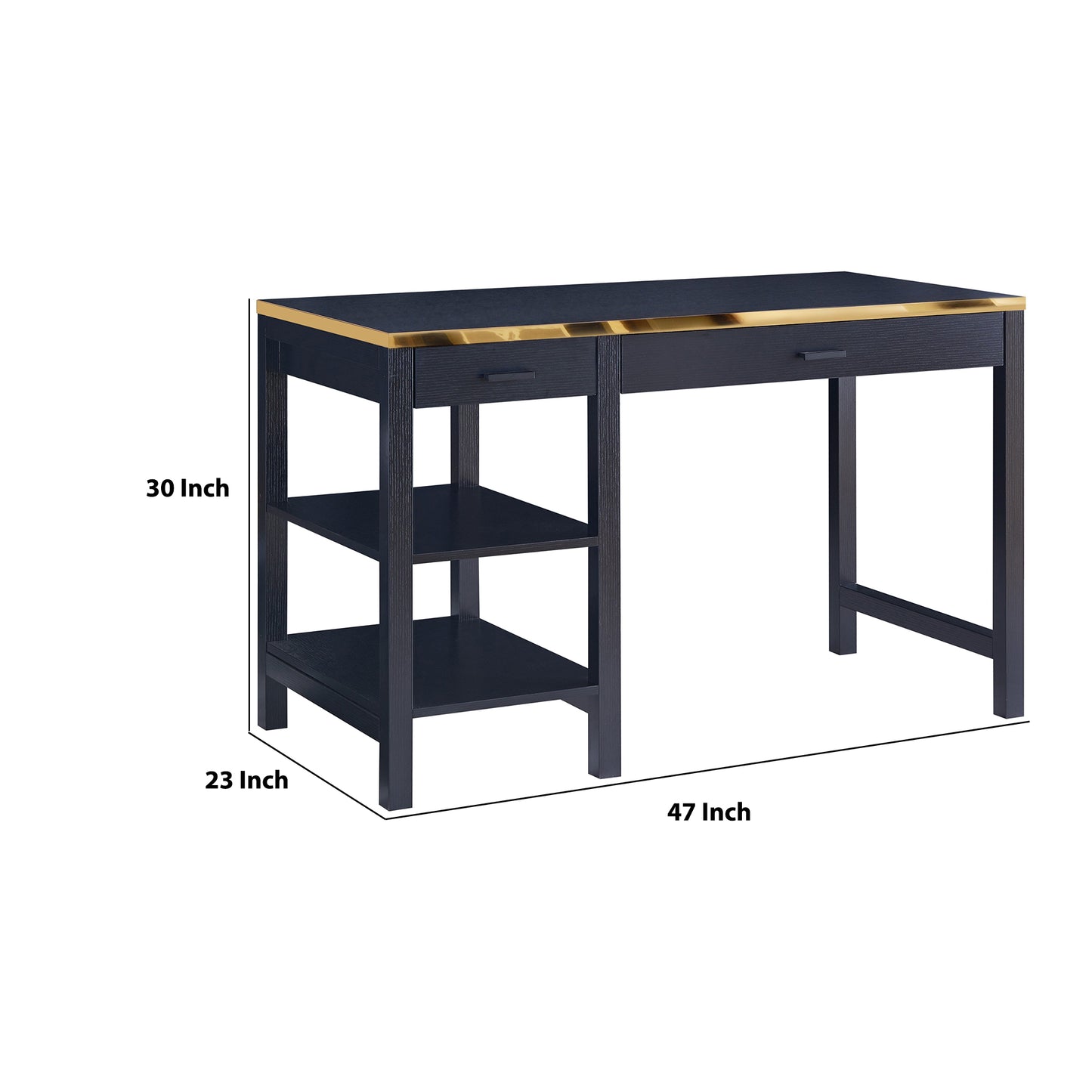 2 Drawer Rectangular Desk With 2 Open Shelves Black And Gold By Benzara | Desks | Modishstore - 2