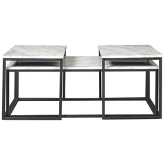 3 Piece Metal Frame Occasional Table Set With Marble Top, White And Black By Benzara