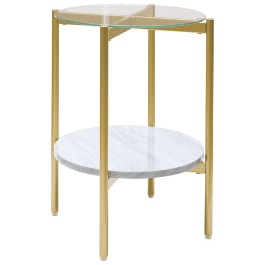 Glass Top Metal End Table With Marble Shelf, Gold And White By Benzara | End Tables |  Modishstore 