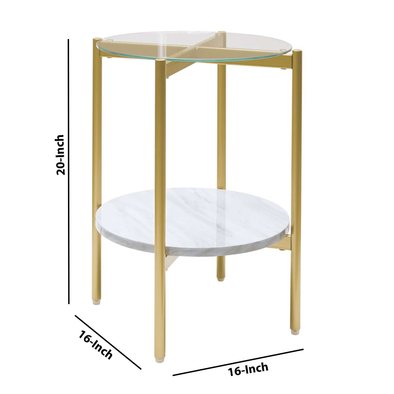 Glass Top Metal End Table With Marble Shelf, Gold And White By Benzara | End Tables |  Modishstore  - 2