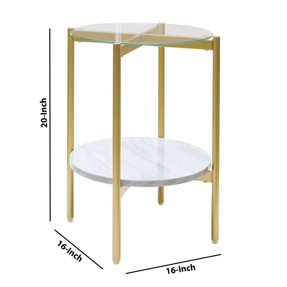 Glass Top Metal End Table With Marble Shelf, Gold And White By Benzara | End Tables |  Modishstore  - 2