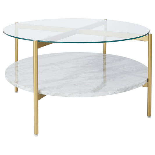 Glass Top Cocktail Table With Faux Marble Bottom Shelf, Clear And Gold By Benzara | Coffee Tables | Modishstore