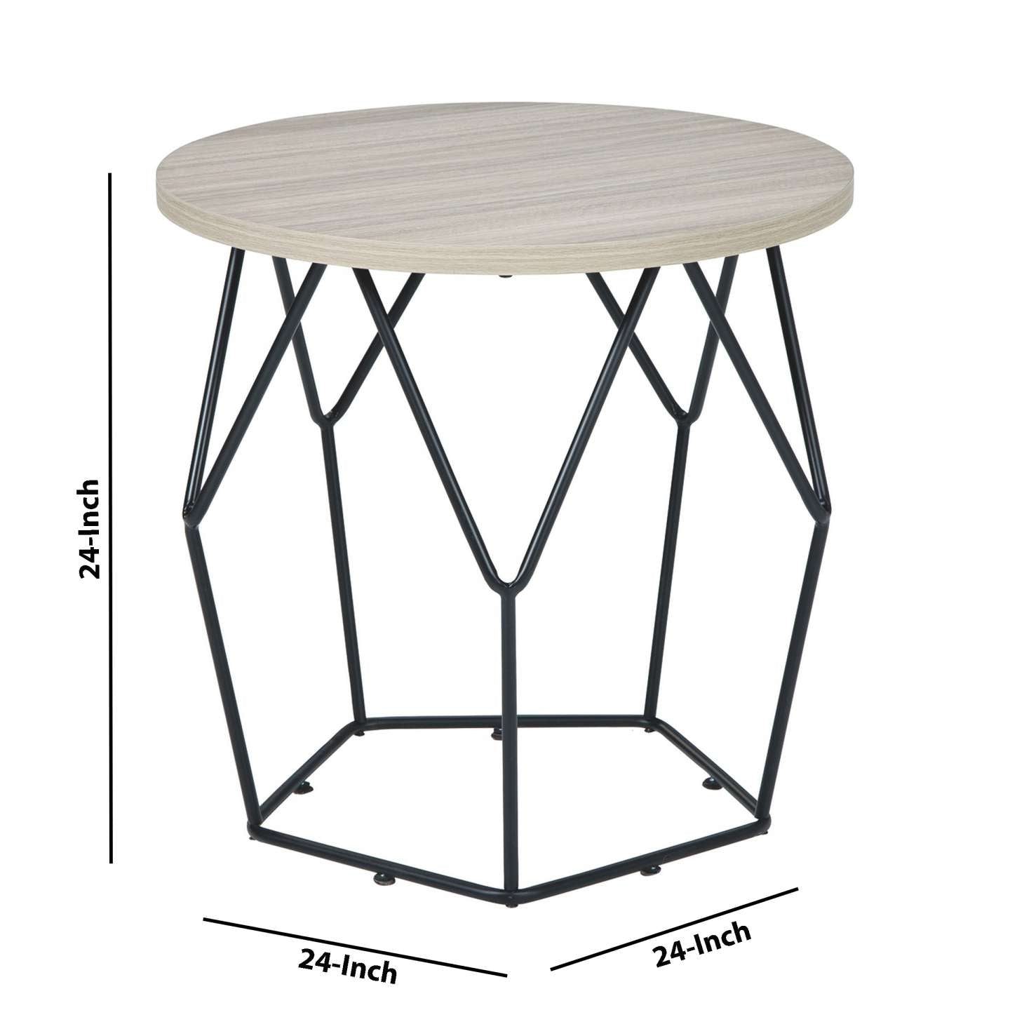 Wooden Top Round End Table With Open Geometric Base, Gray And Black By Benzara | End Tables |  Modishstore  - 3