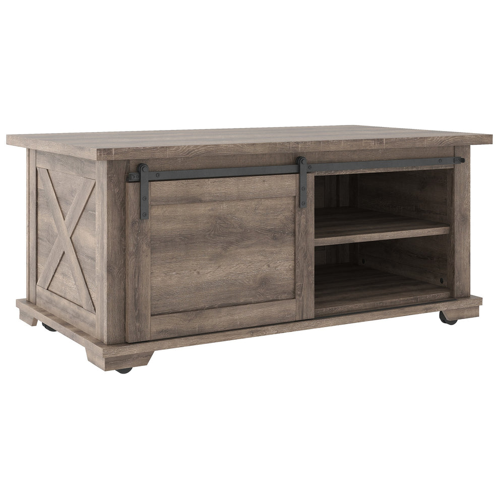 Panel Design Wooden Cocktail Table With Barn Sliding Door And Casters,Brown By Benzara | Coffee Tables | Modishstore - 3