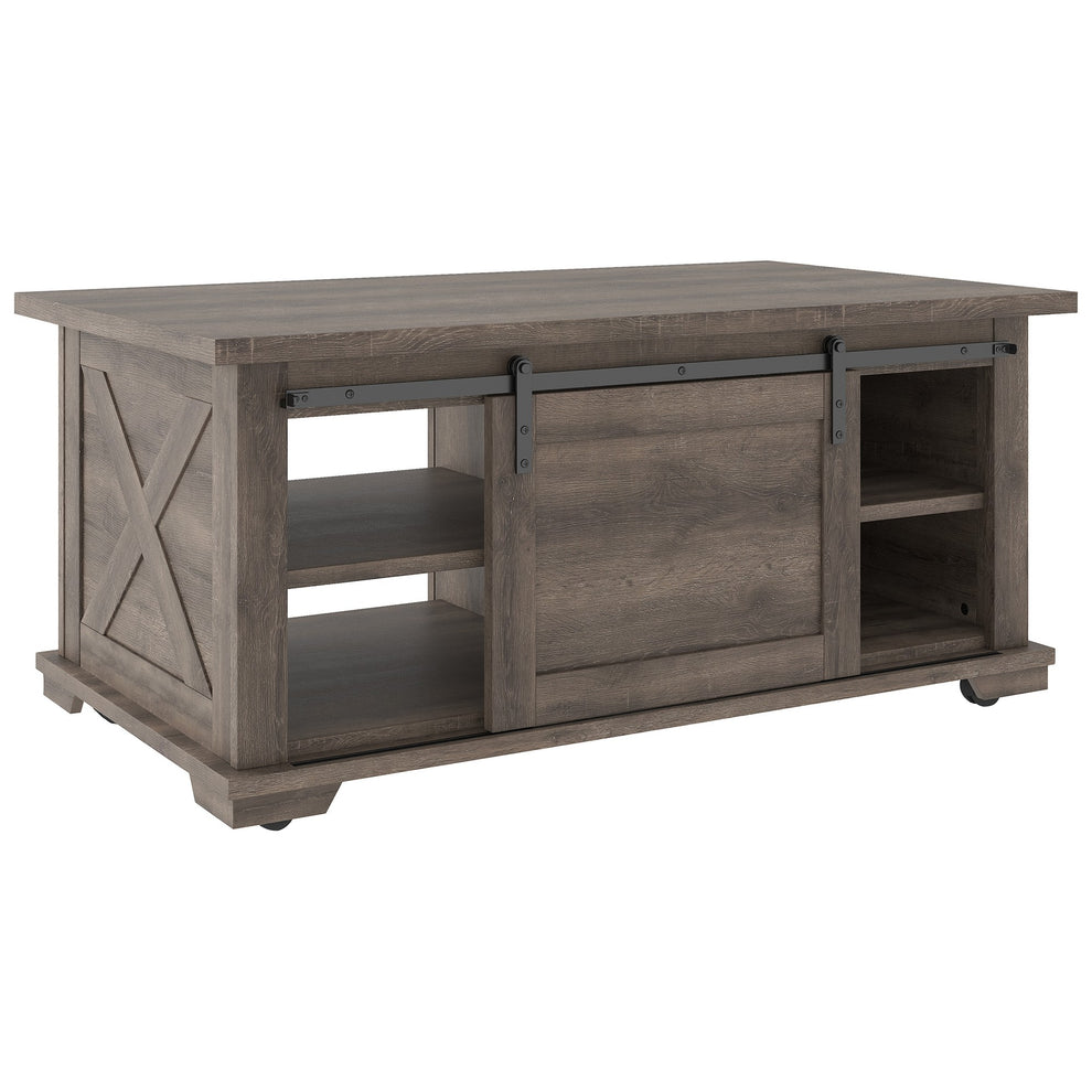 Panel Design Wooden Cocktail Table With Barn Sliding Door And Casters,Brown By Benzara | Coffee Tables | Modishstore - 4