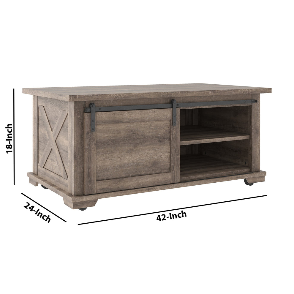 Panel Design Wooden Cocktail Table With Barn Sliding Door And Casters,Brown By Benzara | Coffee Tables | Modishstore - 5