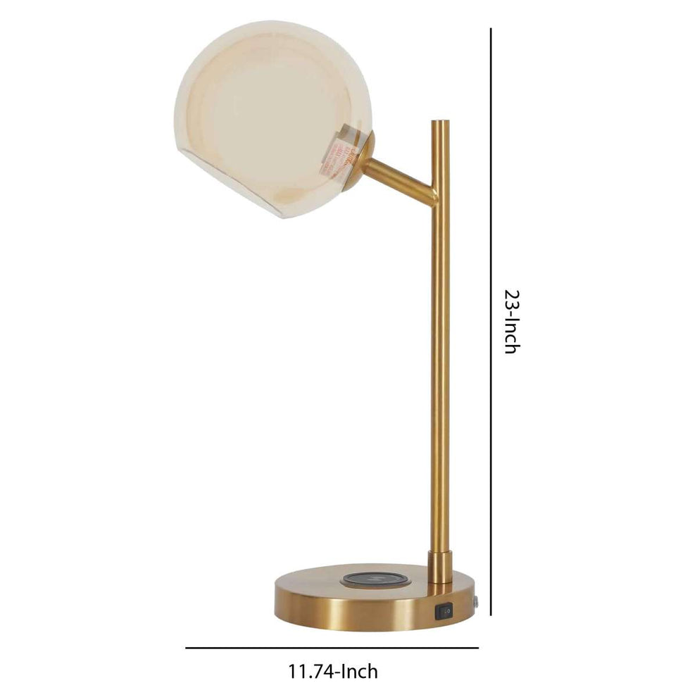 Metal Desk Lamp With Round Glass Shade And Wireless Charger, Gold By Benzara | Table Lamps |  Modishstore  - 2