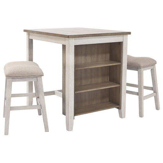 3 Piece Counter Height Table And Barstool Set, Antique White And Brown By Benzara | Bar Stools & Tables | Modishstore