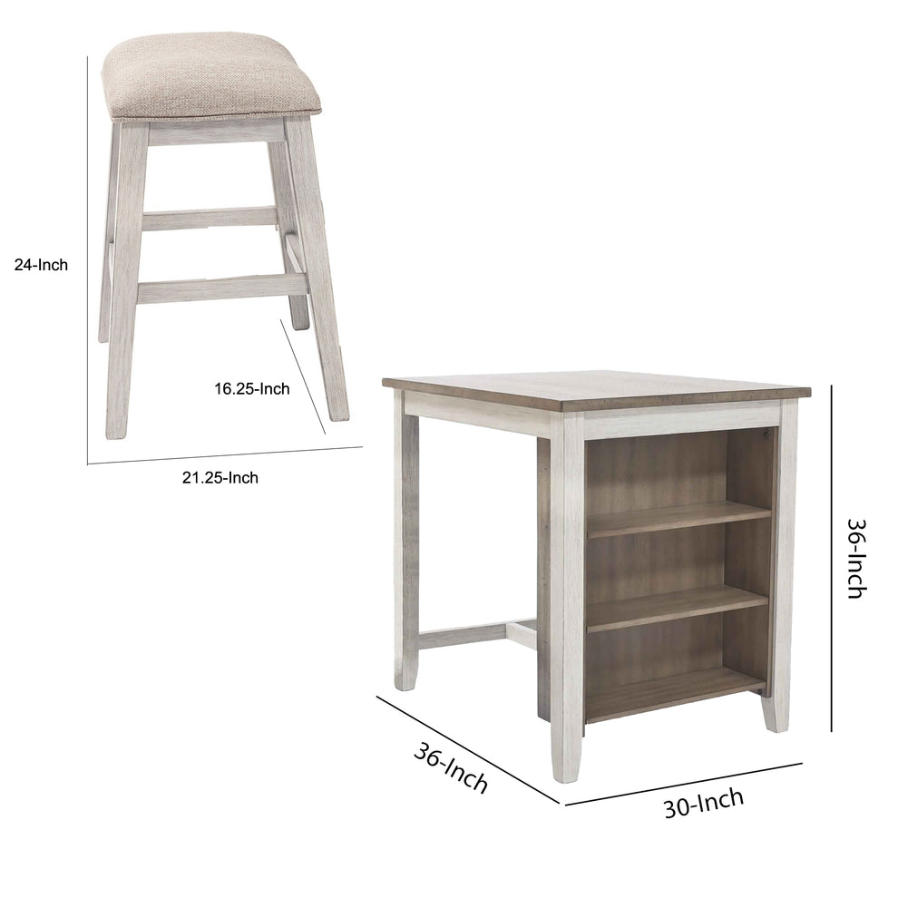 3 Piece Counter Height Table And Barstool Set, Antique White And Brown By Benzara | Bar Stools & Tables | Modishstore - 2