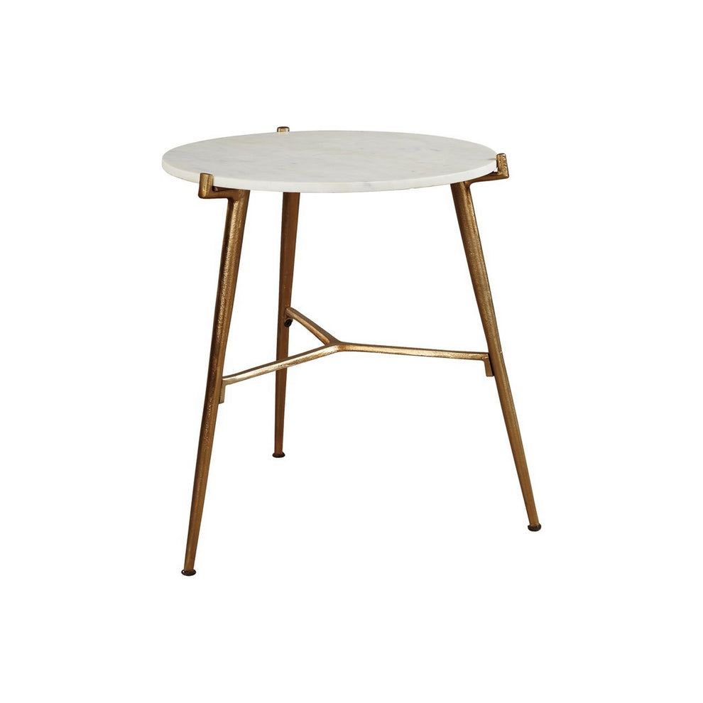 Round Marble Top Accent Table With Angled Metal Legs Gold And White By Benzara | Accent Tables | Modishstore - 2