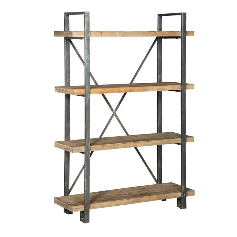 4 Wooden Fixed Shelf Bookcase With X Metal Support Brown And Gray By Benzara | Shelves & Shelving Units | Modishstore