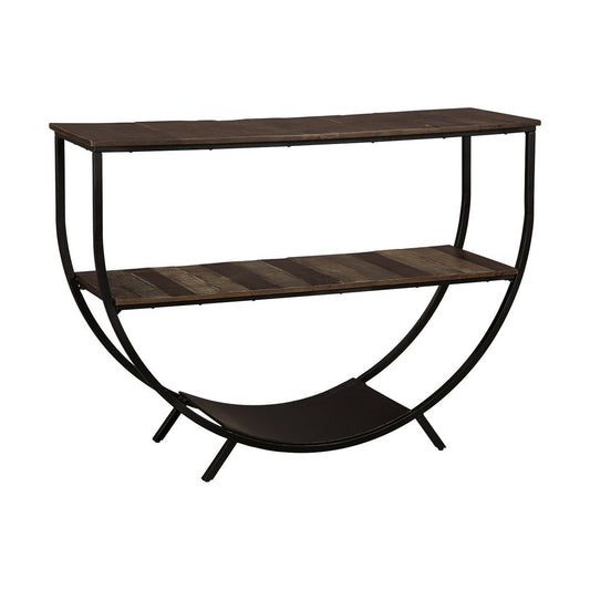 Curved Metal Frame Console Sofa Table With Plank Shelves Distressed Brown By Benzara | End Tables | Modishstore