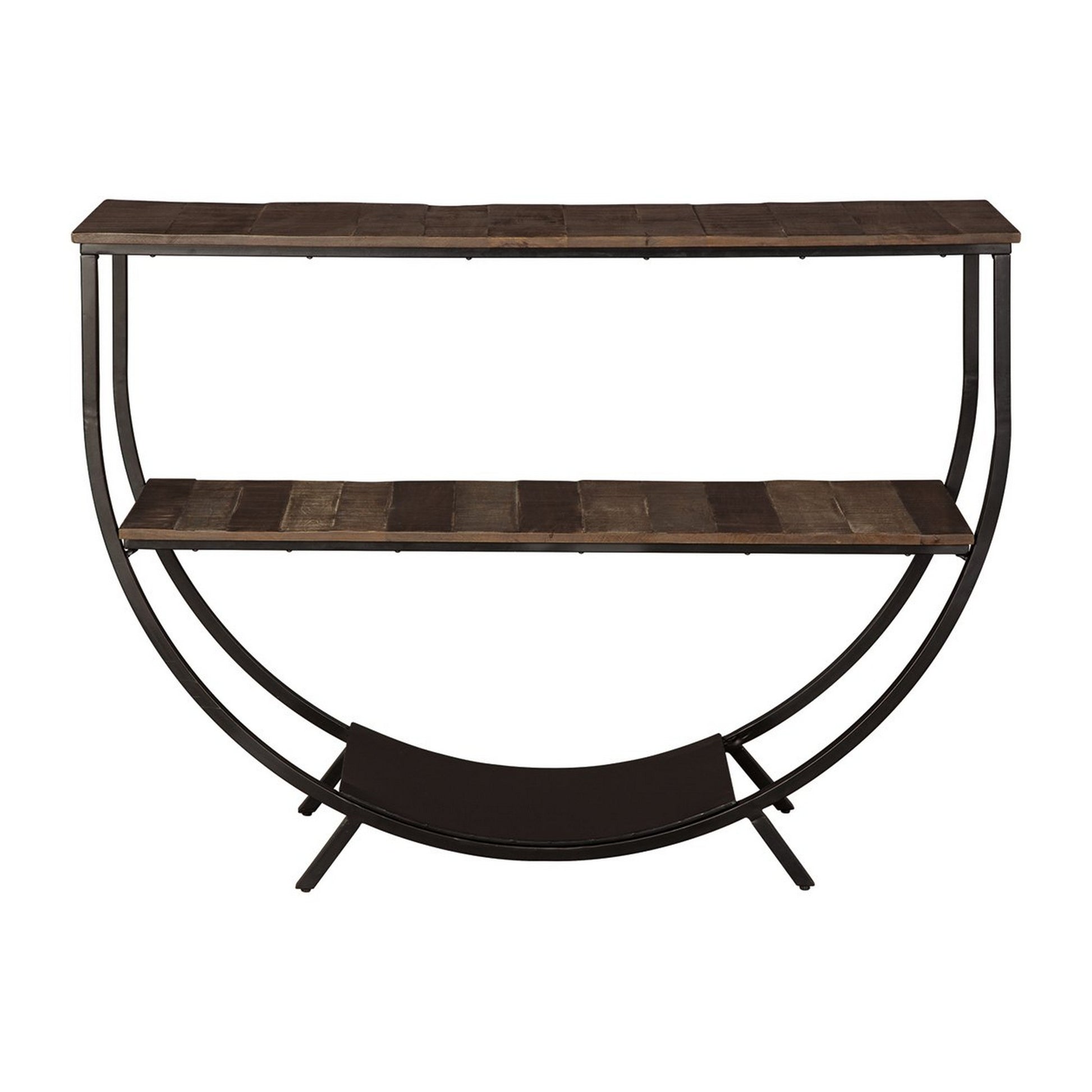 Curved Metal Frame Console Sofa Table With Plank Shelves Distressed Brown By Benzara | End Tables | Modishstore - 2