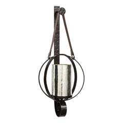 Intersected Round Metal Wall Sconce With Mercury Glass Hurricane Bronze By Benzara