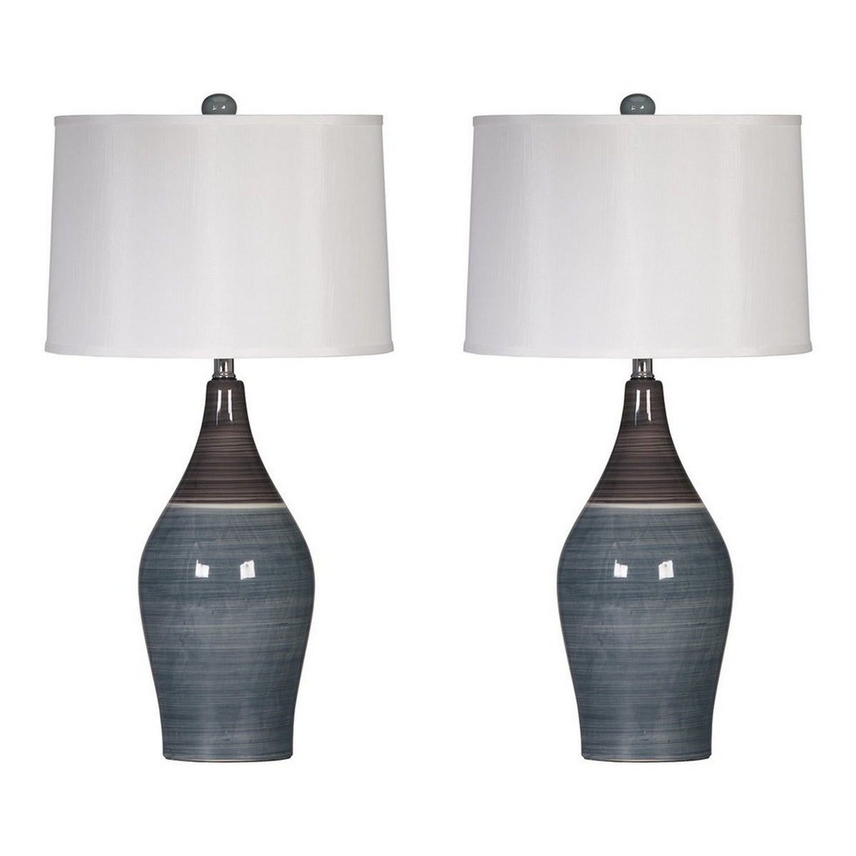 Pot Bellied Ceramic Table Lamp With Brushed DetailsSet Of 2 Gray And White By Benzara | Desk Lamps | Modishstore
