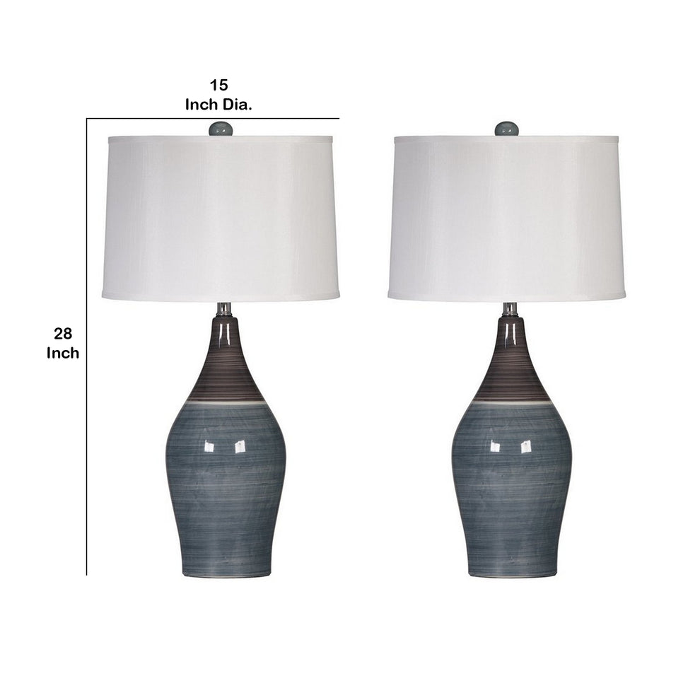 Pot Bellied Ceramic Table Lamp With Brushed DetailsSet Of 2 Gray And White By Benzara | Desk Lamps | Modishstore - 5