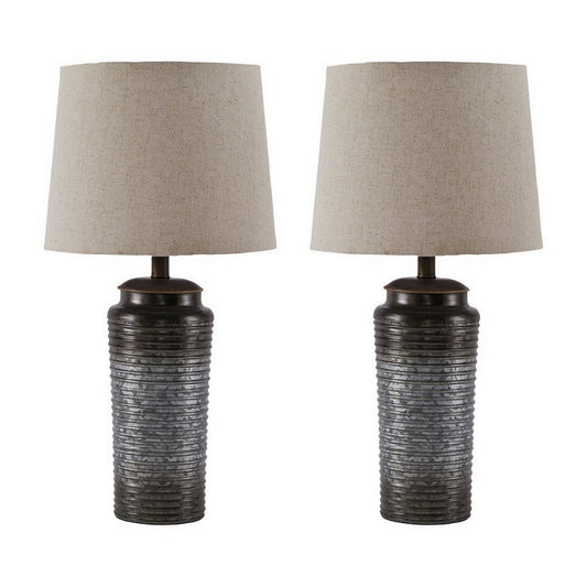 Ribbed Design Metal Body Table Lamp With Tapered Fabric Shade Set Of 2 Gray By Benzara | Desk Lamps | Modishstore