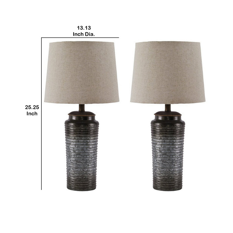 Ribbed Design Metal Body Table Lamp With Tapered Fabric Shade Set Of 2 Gray By Benzara | Desk Lamps | Modishstore - 5