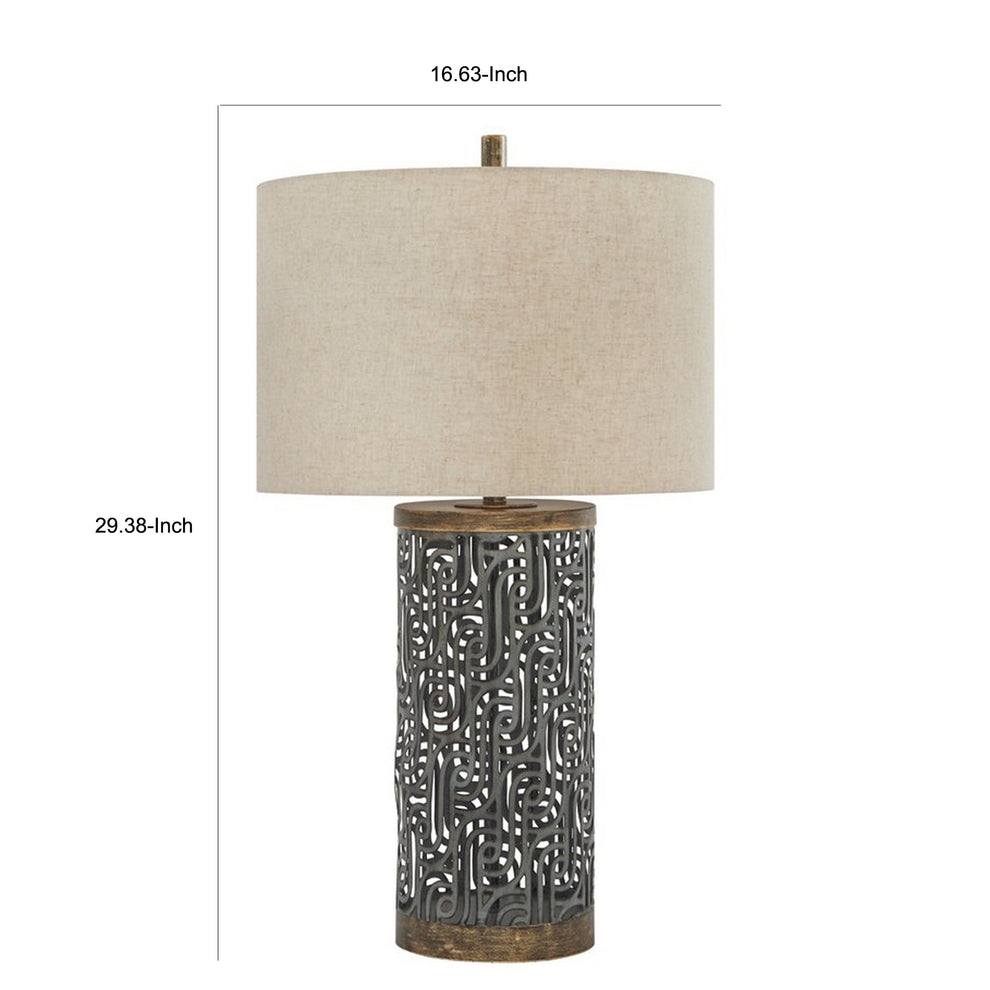 150 Watt Metal Body Table Lamp With Network Design Gray And Beige By Benzara | Desk Lamps | Modishstore - 3