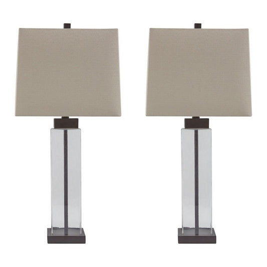 Glass And Metal Base Table Lamp With Square Shade Set Of 2 Clear And Gray By Benzara | Desk Lamps | Modishstore