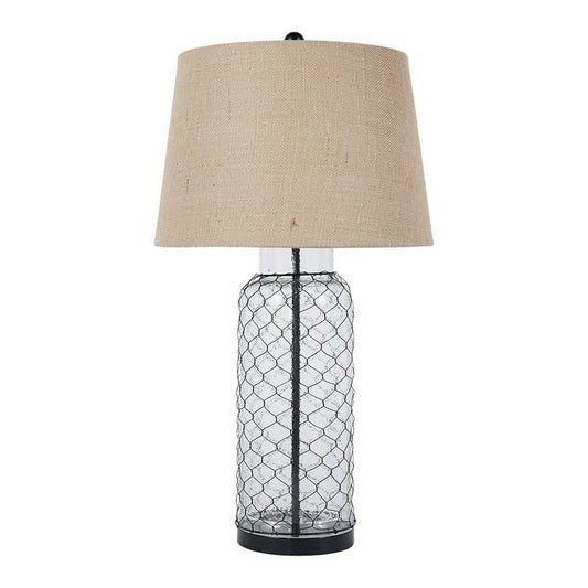 Woven Wire Wrapped Glass Base Table Lamp With Fabric Shade Beige By Benzara | Desk Lamps | Modishstore