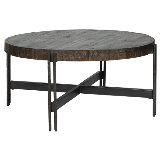 Round Cocktail Table With Tubular Metal Base Brown And Gray By Benzara | Coffee Tables | Modishstore