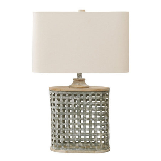 Metal Table Lamp With Lattice Design Body And Hardback ShadeGray And Beige By Benzara | Desk Lamps | Modishstore
