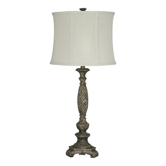 Pedestal Body Resin Table Lamp With Fabric Shade Taupe Gray And White By Benzara | Desk Lamps | Modishstore