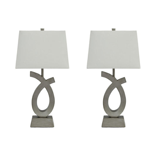 Scrolled Resin Table Lamp With Rectangular Shade Set Of 2 Gray And White By Benzara | Desk Lamps | Modishstore