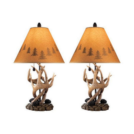 Resin Body Table Lamp With Antler And Pinecone Design Set Of 2 Brown By Benzara | Desk Lamps | Modishstore