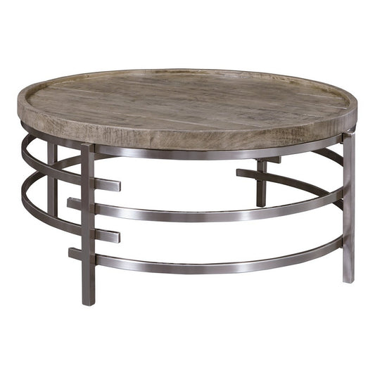Wood Top Round Cocktail Table With Metal Base Brown And Gray By Benzara | Coffee Tables | Modishstore